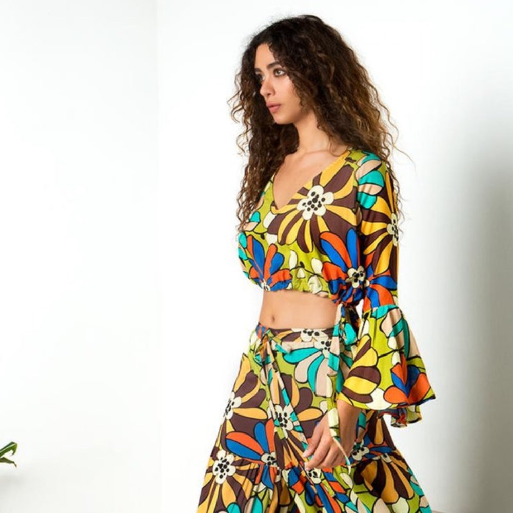 Alisahne Tourmaline Top Womens Large Colorful Crop Blouse‎ Hippie Boho 70's $177